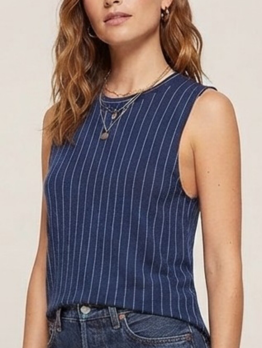 NEVER WORN Cottonworld Navy Pinstripes Tank Top Blouse Sleeveless Sz Size L